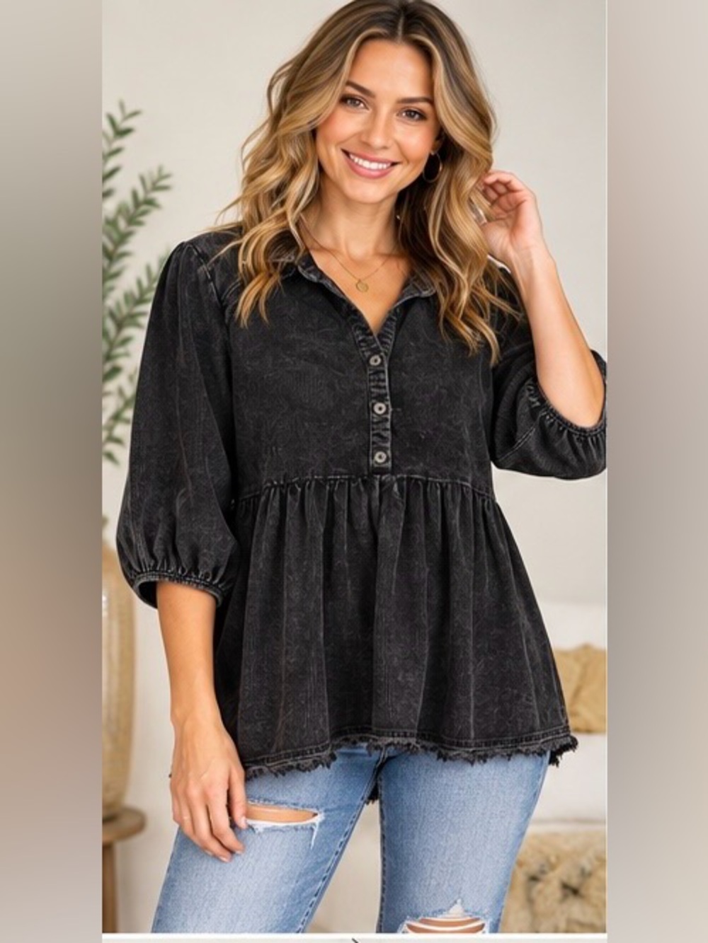 Umgee Washed Black Corduroy Babydoll Tunic Top L Boho Western NWT